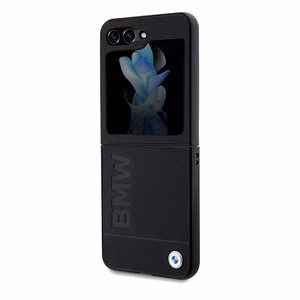 BMW ādas Hot Stamp viedtālruņa apvalks Samsung Galaxy Z Flip 5 - melns