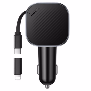 Automašīnas lādētājs Hoco Z68, USB-A + USB-C, PD QC3.0, 45 W, ar izvelkamu USB-C kabeli, melns