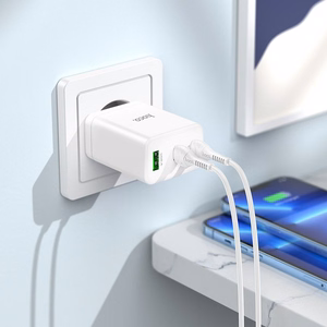 Lādētājs Hoco 2 x USB C + USB A QC3.0 PD 3A 35W N33 + Kabelis USB C uz Lightning N33 balts