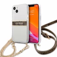 Guess GUHCP13SKC4GBGO iPhone 13 mini 5.4" caurspīdīgs cietais apvalks ar 4G brūnu siksniņu un zelta ķēdīti