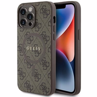 Guess 4G kolekcija ādas metāla logotips Magnētiskais apvalks iPhone 14 Pro Max - brūns