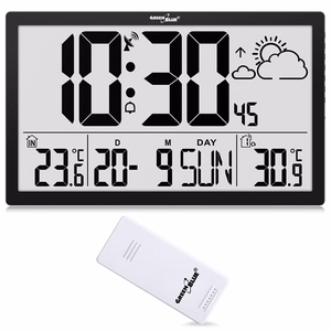 Īpaši liels LCD sienas pulkstenis GreenBlue GB218 ar meteoroloģisko staciju, temperatūras un datuma rādījumu