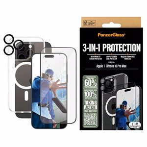 PanzerGlass komplekts 3in1 iPhone 16 Pro Max 6.9" D3O ciets apvalks + Aizsargstikls UWF + objektīvs B1294+2864+1284