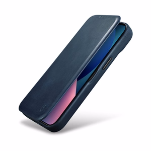 iCarer CE Premium ādas folio vāciņš iPhone 14 Plus ar MagSafe magnētisku flip vāciņu - zilā krāsā