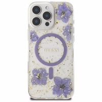 Guess Viedtālruņa apvalks ar sveķu ziediem Magnētiskais iPhone 16 Pro - violeta