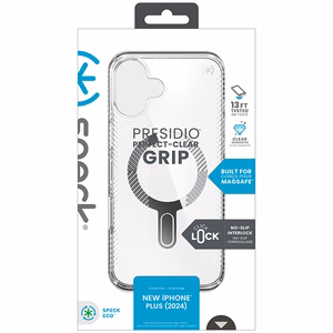 Speck Presidio Perfect-Clear Grip ClickLock & MagSafe vāciņš ierīcei iPhone 16 Plus, caurspīdīgs / hroma apdare / Serene Silver