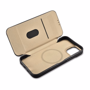 iCarer CE Oil Wax Premium ādas folio viedtālruņa apvalks iPhone 14 Plus Magnētiskais atveramais apvalks ar MagSafe Melns (AKI14220707-BK)