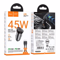 Automobiļa lādētājs Hoco 2 x USB C QC PD 45W + kabelis USB C uz Lightning NZ16B metāla pelēks