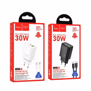 Lādētājs viedtālrunim Hoco USB A + USB C QC3.0 PD 3A 30W + kabelis USB C uz USB C N63 balts