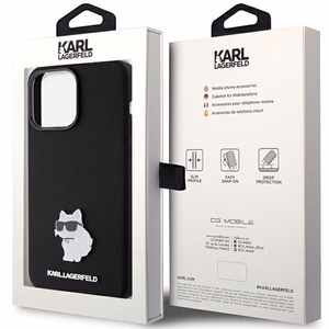 Karl Lagerfeld silikona Choupette Metal Pin viedtālruņa apvalks iPhone 15 Pro Max - melns