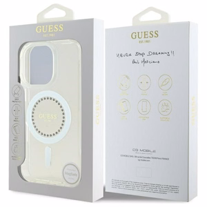 Guess IML Rhinestones magnētiskais viedtālruņa apvalks iPhone 16 Pro - balts