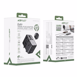 Acefast Z8 GaN 45W ceļojumu adapteris 3x USB-C + 2x USB-A ceļojumu tīkla lādētājs ar 2500W AC kontaktu - melns