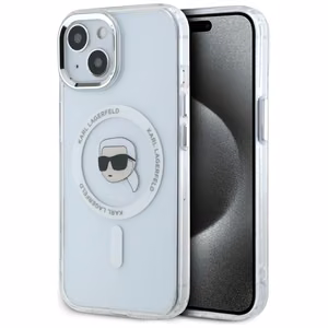 Karl Lagerfeld IML Metāla Karla Galvas Magnētiskais viedtālruņa apvalks iPhone 15 Plus balts