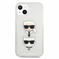 Karl Lagerfeld Glitter Karl's & Choupette Head apvalks iPhone 13 mini - pelēks