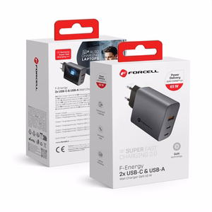 FORCELL F-ENERGY GaN VT-42B pelēks ceļojuma lādētājs 2 x Type C + USB A PD QC4.0 4A 65W ar PD