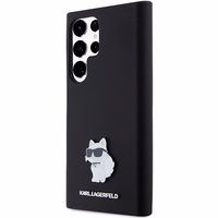 Karl Lagerfeld silikona Choupette metāla piespraude viedtālruņa apvalks Samsung Galaxy S23 Ultra - melns