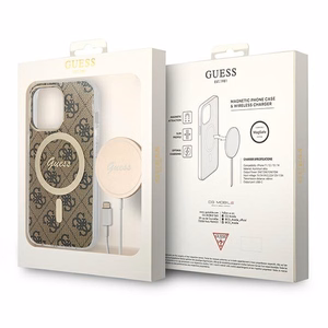 Komplekts Guess GUBPP13LH4EACSW vāciņš + lādētājs iPhone 13 Pro brūns cietais vāciņš ar 4G rakstu Magnētiskais