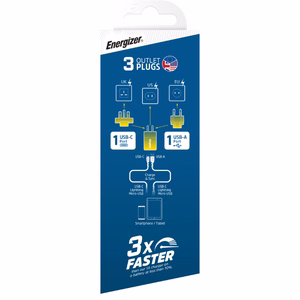 Energizer Ultimate A38QMU GaN ceļojumu sienas lādētājs ar EU / UK / US spraudņiem, USB-C + USB-A, 38 W PD + QC 3,0, sudraba krāsā