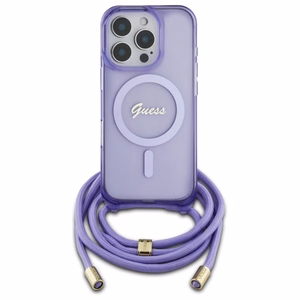 Guess Crossbody Cord Script Magnētiskais viedtālruņa apvalks iPhone 16 Pro Max - violets