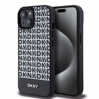 DKNY Ādas drukāts raksts metāla logotips Magnētiskais viedtālruņa apvalks iPhone 15 / 14 / 13 - melna