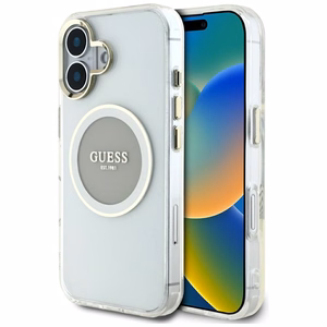 Guess IML Metal Colored Circle Classic Logo Magnētiskais viedtālruņa apvalks iPhone 16 - pelēks