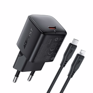 Acefast A118 30W GaN USB-C tīkla lādētājs ar 1.2m USB-C uz Lightning kabeli - melns