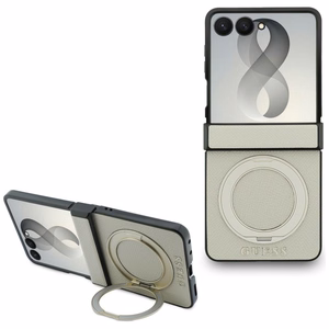 Bēšs Guess Magnetic Ring Stand Grained Classic Logo MagSafe vāciņš Samsung Galaxy Z Flip8