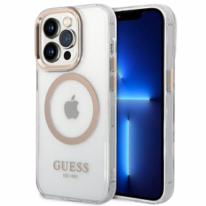 Guess GUHMP14XHTRMD iPhone 14 Pro Max 6.7 "zeltains / zeltains cietais apvalks Metāla kontūra Magnētiskais