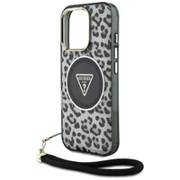Guess HC IML leoparda trīsstūra auklas siksna MagSafe apvalks iPhone 16 Pro - melns