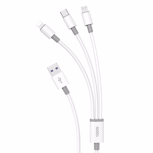 Dudao L8s-3in1 USB-A–USB-C / Micro-USB / Lightning kabelis, 100 W, 1,2 m, balts