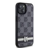 DKNY Ādas rūtainais mono raksts un drukātās svītras viedtālruņa apvalks iPhone 15 Plus / 14 Plus - melns