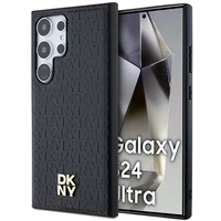 DKNY Ādas raksta metāla logotips Magnētiskais viedtālruņa apvalks Samsung Galaxy S24 Ultra - melns