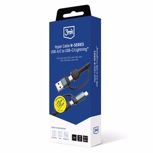 3mk Hyper Cable N-SERIES 2 in 2 USB-A / USB-C un USB-C / Lightning 1,2 m QC 3.0 9V/2A 60W - melns