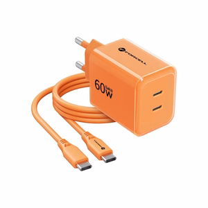 Tālruņa lādētājs Forcell F-Energy GaN III Crystal Color, 2x USB C, AVS, SSFC3.0, 60W + silikona kabelis USB C uz USB C VT-60, oranžs