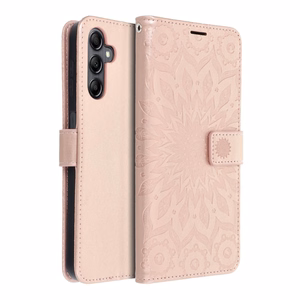 MEZZO grāmatas tipa viedtālruņa apvalks SAMSUNG A14 4G / A14 5G ar mandalas rakstu, rozā zelta krāsā