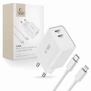 Tech-Protect C35W 2x USB-C PD 35W Wall Charger with USB-C / Lightning Cable - White