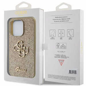 Guess Glitter Script Big 4G viedtālruņa apvalks iPhone 15 Pro – zeltains