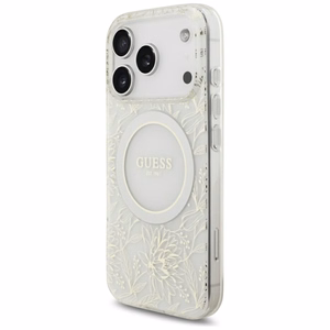 Guess IML Flowers Allover Electroplated MagSafe maciņš ar pērļu siksniņu modelim iPhone 18 Pro / 17 Pro – krāsa: balta