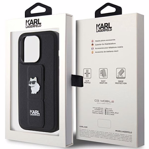 Karl Lagerfeld Gripstand Saffiano Choupette Pins viedtālruņa apvalks iPhone 15 Pro Max - melns