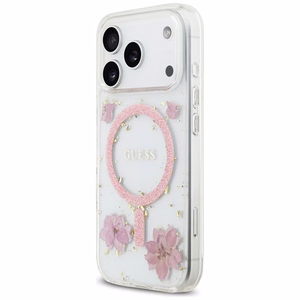 Guess sveķu ziedi spīdīgs magnētiskais viedtālruņa apvalks iPhone 17 Pro rozā