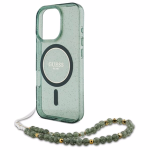 Guess IML Glitter With Pearl Strap Magnētiskais viedtālruņa apvalks MagSafe iPhone 16 Pro Max - zaļš