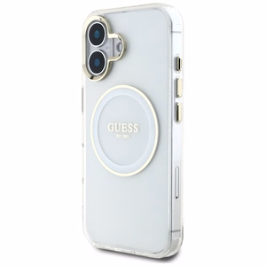 Guess IML Metal Colored Circle Classic Logo Magnētiskais viedtālruņa apvalks iPhone 16 - balts