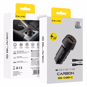 Blavec BS-03B-C Carbon auto lādētājs USB + Type C QC 3.0 18W PD 30W ar Type C - Type C kabeli melns