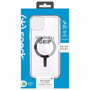Speck GemShell Grip MagSafe vāciņš ierīcei iPhone 15 Plus / 14 Plus, caurspīdīgs ar hroma krāsas akcentiem