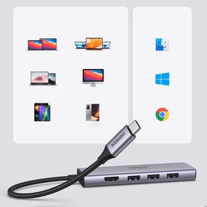 Ugreen daudzfunkcionāls HUB USB Type C - 3x USB 3.2 Gen 1 / HDMI 4K 60Hz / SD un TF karšu lasītājs pelēks (60383 CM511)