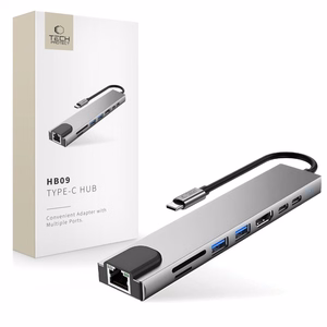 Tech-Protect HB09 USB centrmezgls 8in1 TYPE-C + USB-A 3.0 + USB-C 3.0 + HDMI 4K 60HZ + SD/TF + PD100W + RJ45 1000 MB/S - pelēks