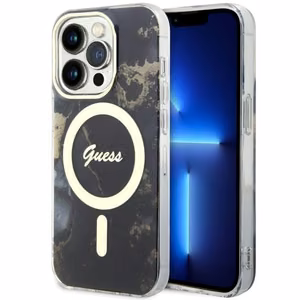 Guess GUHMP14XHTMRSK iPhone 14 Pro Max 6.7" melns cietais apvalks Golden Marble Magnētiskais