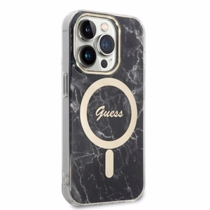 Komplekts Guess GUBPP14LHMEACSK apvalks + lādētājs iPhone 14 Pro 6.1" melns/melns cietais apvalks Marble Magnētiskais