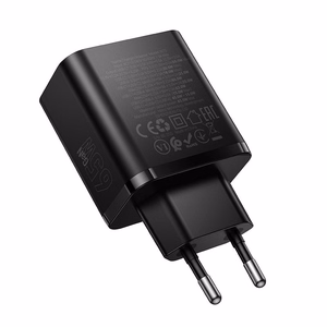 tālruņa lādētājs Hoco 2x USB C + USB A QC3.0 PD 3A 65W N75 melns