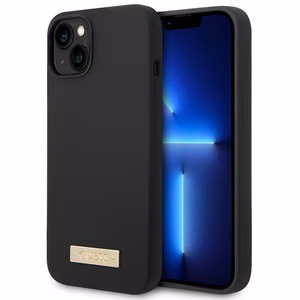 Guess GUHMP14MSBPLK iPhone 14 Plus 6.7" melns/melns cietais apvalks Silikona logotipa plāksne Magnētiskais